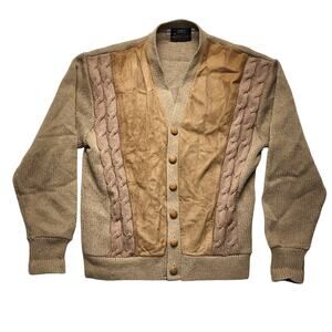 Vintage 60s Campus Cardigan Mens Medium M Tan Suede Trim Cable Knit Sweater USA